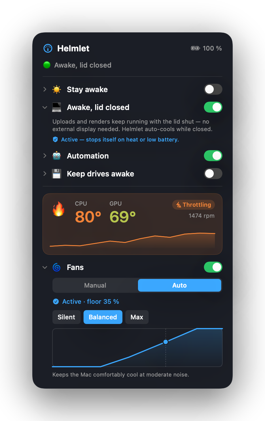 Helmlet in the menu bar: keep awake with system, display and network switches, live temperature and fan boost