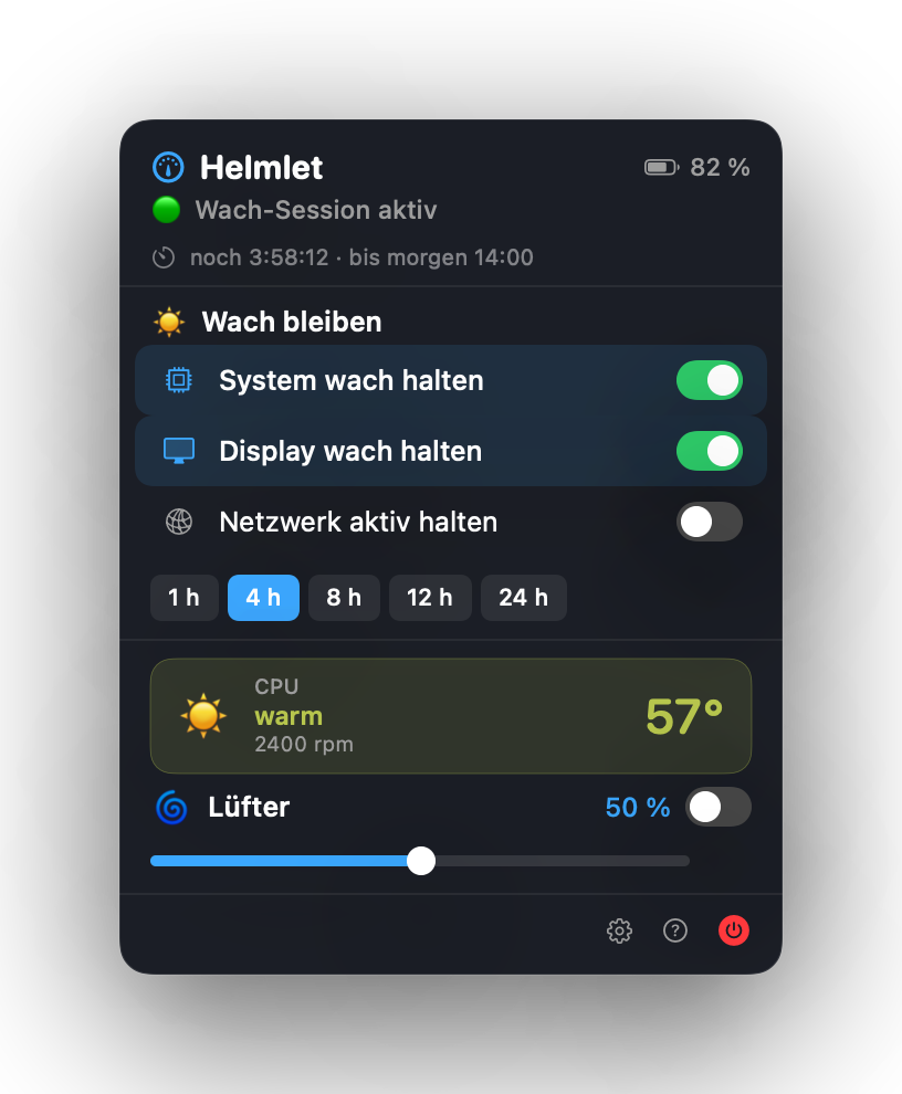 Helmlet in der Menüleiste: Wach bleiben mit System-, Display- und Netzwerk-Schaltern, Live-Temperatur und Lüfter-Boost