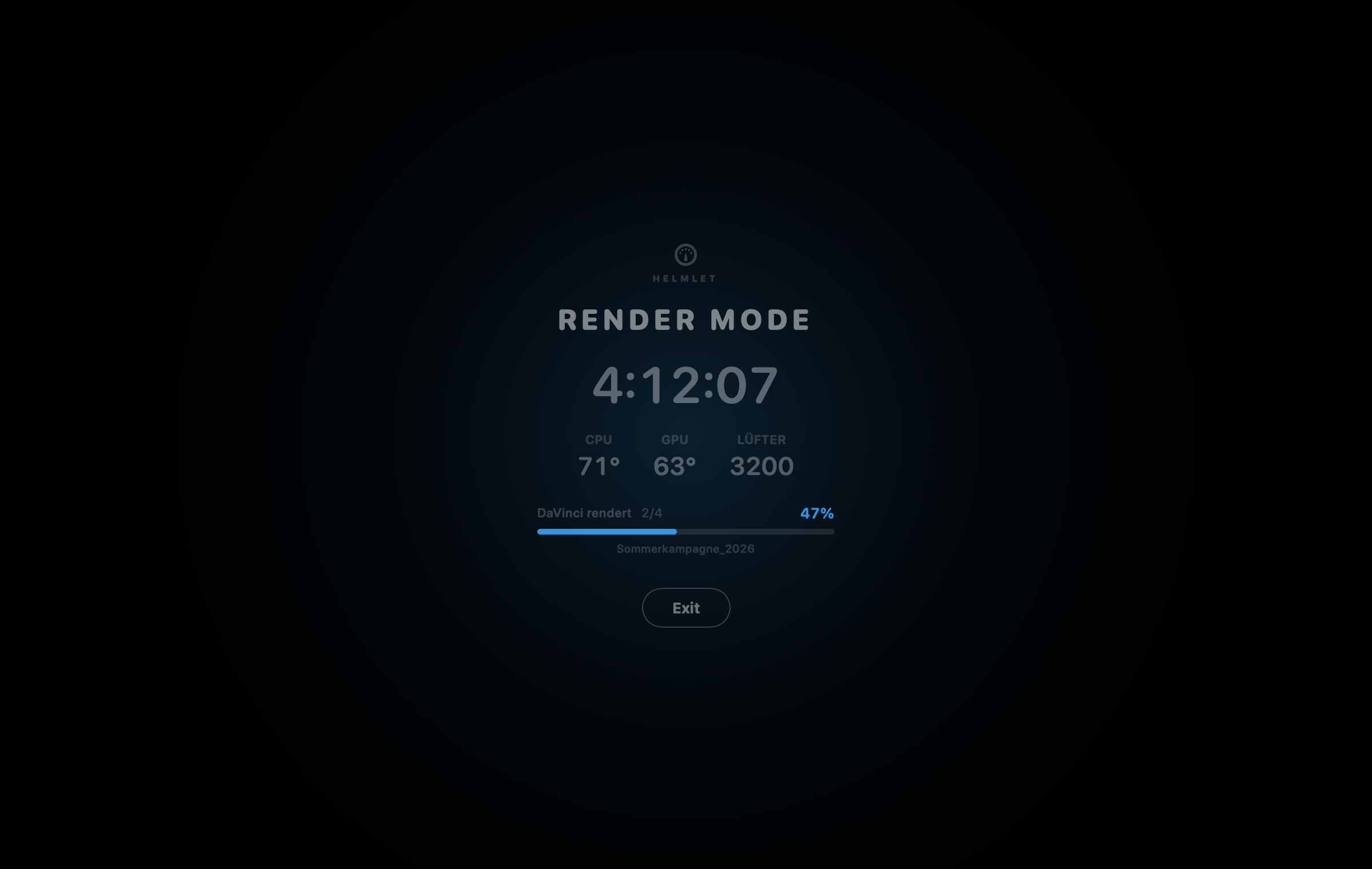 Helmlet Render Mode: der Bildschirm wird zu einem ruhigen, dunklen Monitor mit Laufzeit, CPU- und GPU-Temperatur und dem Live-Fortschritt des DaVinci-Resolve-Renders